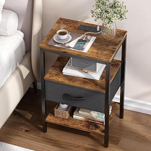 SUPERJARE Nightstand with Charging Station, Bed Side Table with Adjustable Fabric Drawer, Night Stand for Bedroom, 3-Tier Storage End Table, for Living Room, Rustic Brown and Black thumbnail 2
