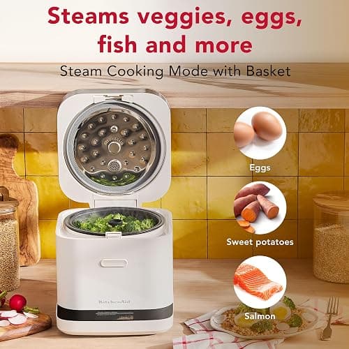 KitchenAid Compact 8 Cup Grain and Rice Cooker, Integrated Scale, KGC2154PL | Precise Pour Technology, Integrated Scale, 16 Presets, Steam cooking basket, Easy to Clean, Porcelain White thumbnail 6