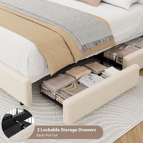 Garvee Full Size Teddy Fleece Bed Frame, Upholstered Platform Bed with 2 Storage Drawers, Height Adjustable Cloud Headboard, Thick Soft Teddy Fabric Bed, Modern Style, No Box Spring Required, Cream thumbnail 5
