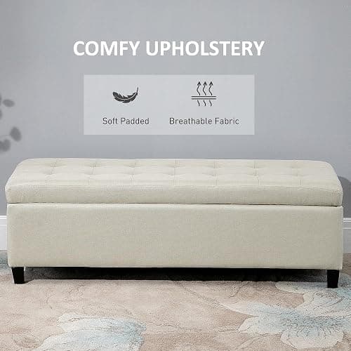 HOMCOM Large 50" Rectangular Storage Ottoman Bench, Tufted Upholstered Linen Fabric Wood Feet Entry Bench, Contemporary Home Decor Beige thumbnail 6