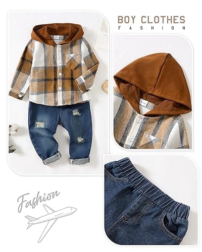 Renotemy Toddler Baby Boy Clothes Denim Outfits Infant Hooded Sweatshirt Jeans Pants Little Boys Clothing - Coffeeplaid - 2-3T thumbnail 5