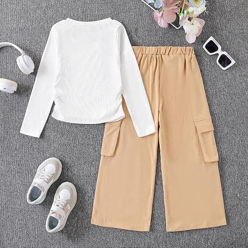 Azmxynol Girls Clothes 2 Piece Outfit Ribbed T-Shirt Top + Cargo Pants, Girls Fall Clothing Set, Sizes 5-16 Years thumbnail 7