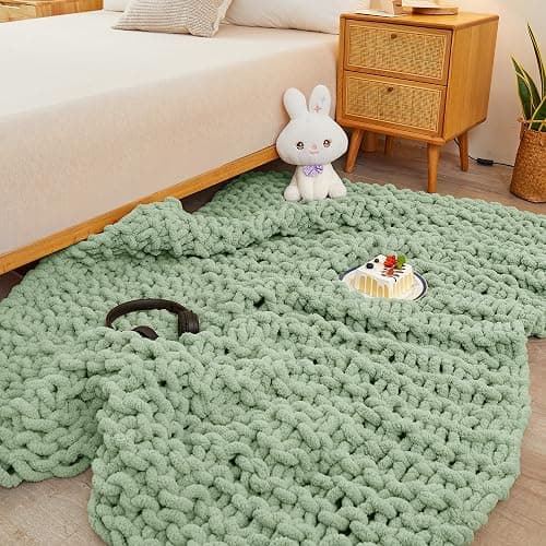 Mooreeke Chunky Knit Blanket 50"x60" Light Green Soft Washable Chenille Throw Blanket Cozy 100% Handmade Crochet Blankets with Jumbo Chenille Yarn for Couch Bed Sofa Room Decor thumbnail 6