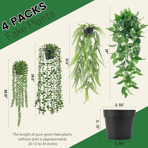 Der Rose 4Pcs Fake Plants Hanging Artificial Ivy Vine Faux Eucalyptus Hanging Plants, Boston Fern, String of Pearls for Living Room Aesthetic Bedroom Boho Kitche Wall Shelf Indoor Outdoor Decor thumbnail 3