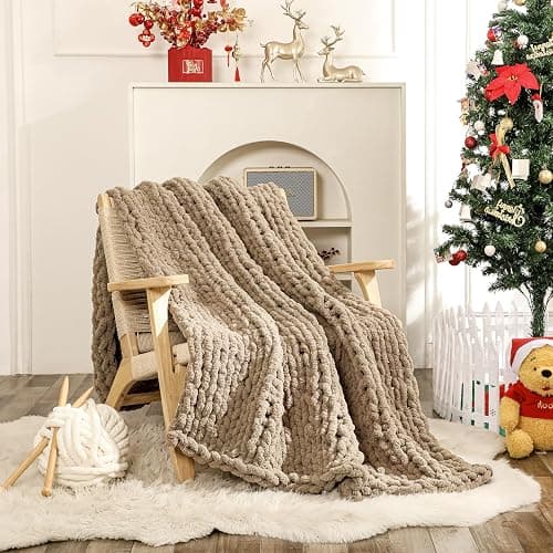 WESHIONGOO Chunky Knit Blanket Throw 51"×63" Knitted Throw Blankets for Couch Bed Fluffy Soft Blanket with Jumbo Chenille Yarn Thick 100% Handmade (Brown) thumbnail 9