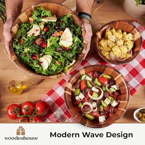 Wooden Salad Bowl Set, Wooden Bowls Set of 3 - Wavy Design Salad Bowl Set for Serving, Handmade, Durable and Stylish Natural Wood Dining Accessory by Woodenhouse - Set of 3 thumbnail 5