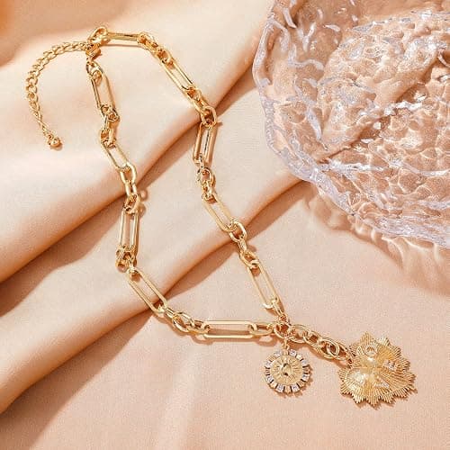 Sun Heart Charm Choker Necklace for Women Men,Golden Plated With Zircons Inlaid Pendants,Thick Chunky Paperclip Chain Hip Hop Necklace Unisex Jewelry,Cuban Link Chain for Women Trendy（Heart） thumbnail 3