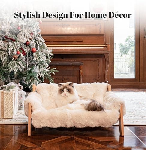 CHEERHOME PETS Elevated Cat Couch Bed for Indoor Cats, Wooden Cat Sofa with Removable Washable Fluffy Cover Raised Kitty Lounge Chair Suitable for Puppy(Cat Sofa Off-White) thumbnail 2