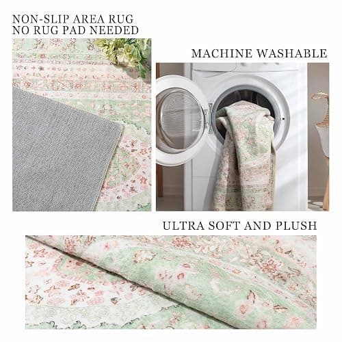 Castage 9x12 Area Rugs Washable,Green Rug for Living Room Bedroom Dining Room,Large Boho Vintage Bohemian Distressed Oriental Carpet Non Slip,Sage Blush Floral thumbnail 6