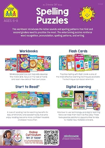 School Zone Spelling Puzzles 1-2 Workbook: 64 Pages, 1st Grade, 2nd Grade, Compound Words, Vowels, Consonants, Pronunciation, Writing, Ages 6 to 8 (I Know It! Book Series) thumbnail 2