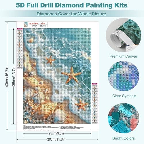 MEIYUDA Beach Diamond Painting Kits for Adults, 5D Seashell Starfish Diamond Art Kits for Beginners, Blue Ocean Beach DIY Gem Art Crystal Painting for Home Wall Decor and Present 12x16inch thumbnail 5