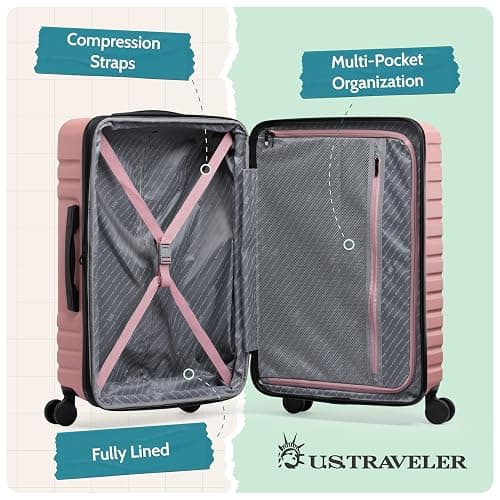 U.S. Traveler Boren Expandable Hardside Rugged Travel Luggage with 8 Spinner Wheels, Rose Pink, Checked-Medium 26-Inch thumbnail 5