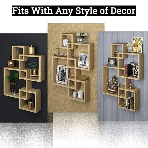 Greenco 4 Cube Intersecting Shelves, Easy-to-Assemble Floating Wall Mount Shelves for Bedrooms and Living Rooms, Natural Finish thumbnail 7