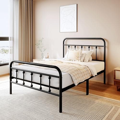 zunatu Twin Size Metal Bed Frame, Victorian Style Headboard and Footboard | Steel Slat Support Platform Bed, No Box Spring Needed, Under Bed Storage, Easy Assembly, Black thumbnail 5