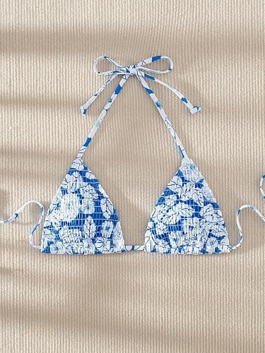 SHENHE Women's Triangle Halter Bikini Top Floral Tie Back Smocked Cute Swimsuit Top thumbnail 5