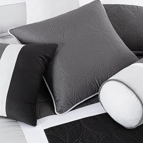 Chezmoi Collection Upland 7-Piece Quilted Patchwork Comforter Set, Black/Gray/Light Gray, King thumbnail 4