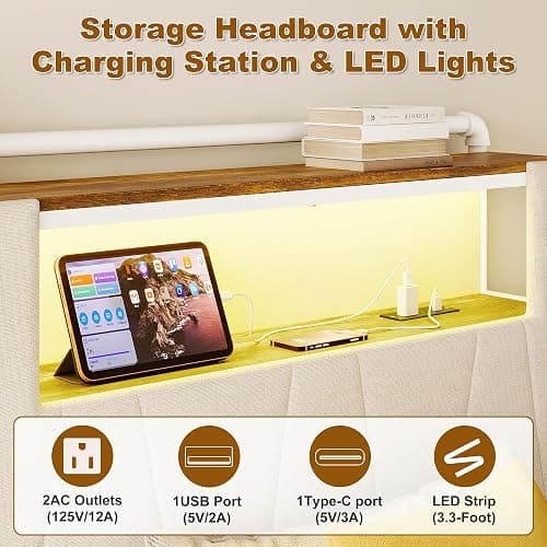 KSOBEBVT Twin Bed Frame with Storage Drawers, Upholstered Headboard with Charging Station & LED Lights, Metal Platform Bed Frame Twin Size, Noise Free, No Box Spring Needed, Easy Assembly, Beige thumbnail 3