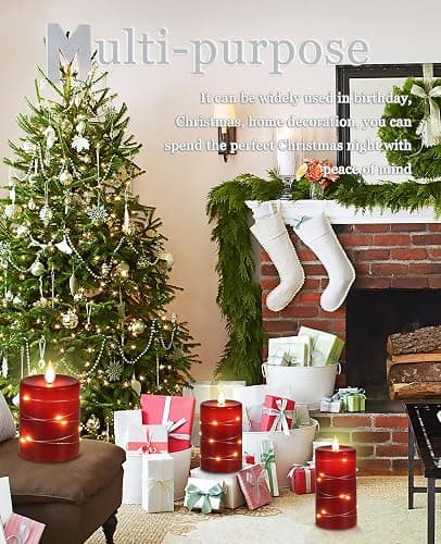 Fanzir Red flameless Candles with Remote Control Timer Battery Operated LED Pillar Candles 4‘’ 5‘’ 6‘’ Fake Candles with String Lights Set of 3 for Christmas or Special Festivals Decorations thumbnail 7