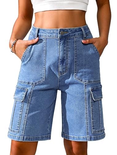 Eddoyee Bermuda Cargo Shorts for Women Casual Long Knee Length High Waisted Stretch Wide Leg Relaxed Fit - Image 1