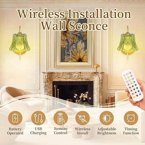 FFVU Wireless Wall Sconce with Flower lampshade, Battery Operated Wall Lights,Wall lamp with 15 Colors for Bedroom Living Room Home Decor (Green Flower,2 Light Battery Operated) thumbnail 2