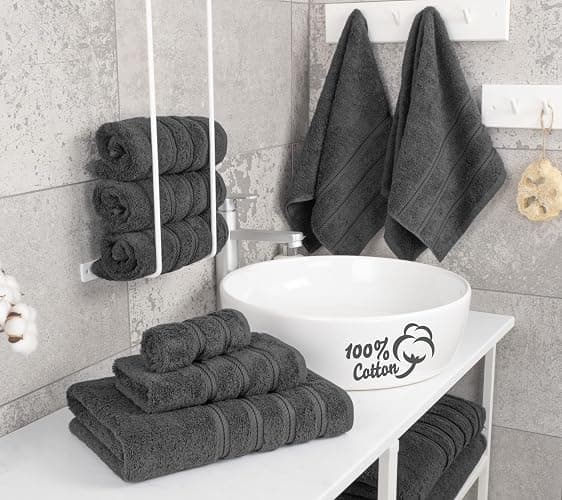 American Soft Linen Luxury 6 Piece Towel Set, 2 Bath Towels 2 Hand Towel 2 Washcloths, 600 GSM 100% Cotton Turkish Towels for Bathroom, Dark Gray Towel Sets thumbnail 2