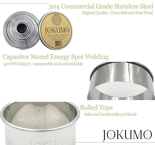 JOKUMO 12 Piece Plain Round Pastry/Cookie Cutter Set Heavy Duty Commercial Grade 18/8 304 Stainless Steel - Metal Marked Size – Perfect For Cooking Enthusiast thumbnail 5