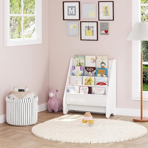 UTEX Kids Bookshelf Storage, Book Shelf for Kids Rooms, 4 Tier Sling Toddler Bookshelf, Magazine Book Rack, Children Book Organizer, White thumbnail 2