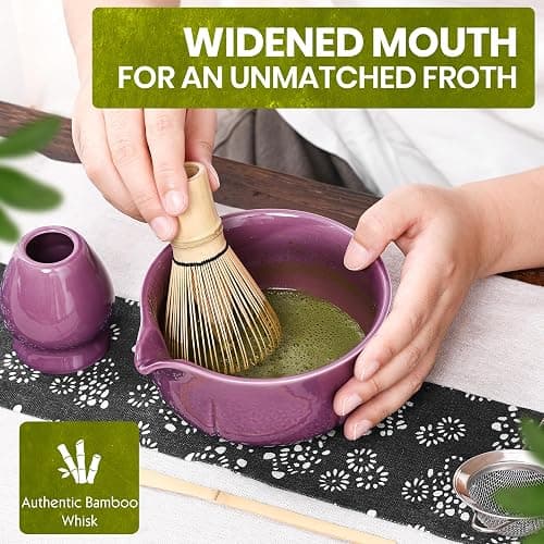 MEAZDUS Matcha Whisk Set – 5 Piece Japanese Matcha Tea Set w/Ceramic Matcha Bowl, 100-Prong Bamboo Whisk & Holder, Scoop, & Stainless Sifter – Traditional Matcha Making Kit (Midnight Purple) thumbnail 5