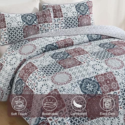 Dobuyly Patchwork Quilt Set Queen Size Boho Plaid Bedspread Red Grey Quilt Coverlet Set, 3 Pieces Soft Microfiber Lightweight Farmhouse Summer Bedding Set for All Seasons 96"x90" thumbnail 5
