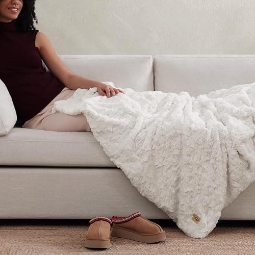 UGG Adalee Faux Fur Throw Blanket Luxury Lightweight Cozy Soft Throw for Couch Bed or Chair Hypoallergenic Machine Washable Double-Sided Fluffy Blanket Home Decor, 50-inch x 70-inch, Natural White thumbnail 8