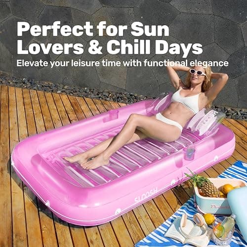 SLOOSH Inflatable Tanning Pool Lounger Float, 70" x 46" Pool Floats Adult with Pillow, 4 in 1 Suntan Tub Raft Floatie,Sunbathing Bed Lounge for Water Blow Up Kids Ball Pit Party Gifts, L-Pink White thumbnail 8
