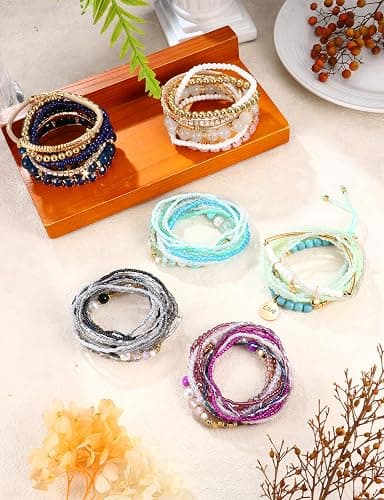 LOYALLOOK 6 Sets Bohemian Stackable Bead Bracelets for Women Stretch Bohemian Style Stretch Multilayered Boho Bracelet Set thumbnail 4