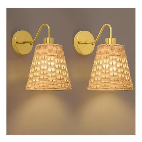 Rattan Battery Operated Wall Sconces set of Two,Rechargeable Wall Sconces with 5000mAh Dimmable Bulb and Remote,LED 12 Colors Boho Wall Lighting with Remort for Bedroom Living Room Hallway Wall Decor - Image 1