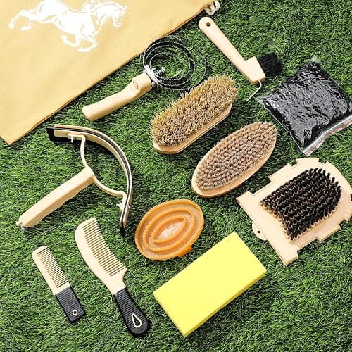 Abbylike 12 Pieces Horse Grooming Kit Racing Festival Tack Room Supplies Horse Brush Sets Equine Care Cleaning Kit Shedding Grooming Massaging Tools(Khaki) thumbnail 6