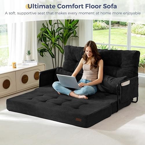 MAXYOYO Adjustable Folding Sofa Bed Couch with 2 Pillows, Black | Multi-Functional Bean Bag Bed, 5-Position Foldable Lazy Floor Sofa Bed with Armrest, Versatile Floor Seating for Reading thumbnail 3
