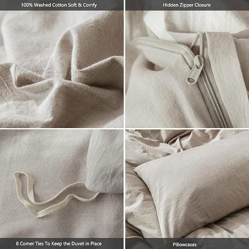 MooMee Bedding Duvet Cover Set 100% Washed Cotton Linen Like Textured Breathable Durable Soft Comfy (Heathered Tannish Linen Grey, Queen 90"x90") - Heathered Tannish Linen Grey (No Comforter) - Queen (90"x90") thumbnail 6