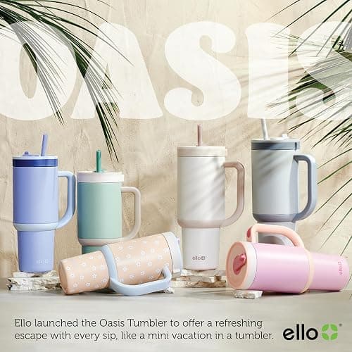 Ello Oasis 30oz Insulated Stainless Steel Tumbler with Straw, Cream Tonal | Insulated stainless steel cup with handle, retracting straw, leakproof lid, keeps cold 24 hours, cupholder fit thumbnail 9