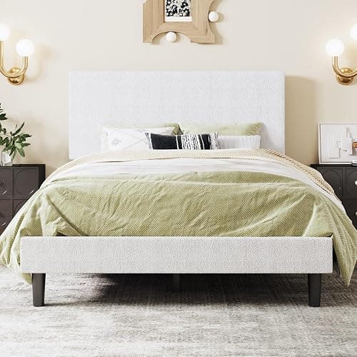 SHA CERLIN Boucle Upholstered Full Size Bed Frame, White | Platform Bed with Adjustable Headboard, Wooden Slats Support, No Box Spring Needed, Noise-Free, Easy to Assemble thumbnail 9