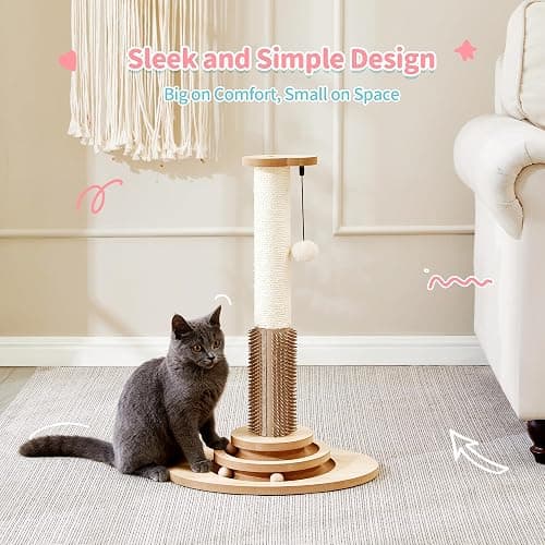Made4Pets Cat Scratching Post, 23" Tall Sisal Cat Scratcher Post with Self Groomer, 4-in-1 Interactive Trackball Toys with Hair Brush, Vertical Cat Climbing Tree with Dangling Plush Balls thumbnail 8
