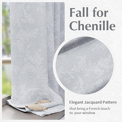 FMFUNCTEX Grey Floral Jacquard Blackout Curtains 84 Inches Long for Bedroom, Scroll Flower Chenille Farmhouse Curtains for Living Room Darkening Thermal Insulated Grommet Window Drapes 2 Panels thumbnail 5