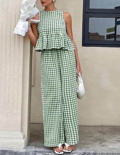 Tanming Women's 2 Piece Set Outfits Gingham Plaid Tank Tops Wide Leg Pants Matching Lounge Sets thumbnail 2
