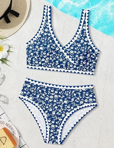KANGKANG Girls Swimsuit Bikini Set Solid Color V-Neck Two Piece Bathing Suit with Chest Pad Adjustable Straps Swimwear 7-16T thumbnail 6