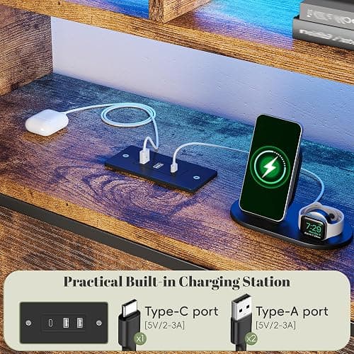 Homkdom Queen Bed Frame with 4 Drawers, Charge Station & LED Lights, Brown | Storage Headboard with 3-tier Shelves, Heavy-duty metal loads 880lbs, Noise-free, No box spring needed, Easy assembly thumbnail 6