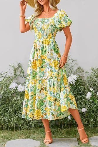 PRETTYGARDEN Women's Smocked Midi Wedding Guest Dress | Puff Short Sleeve, Square Neck A Line, Tiered Ruffle Hem, Long Dresses, Beach Vacation, Cocktail Party, Summer Outfits thumbnail 4