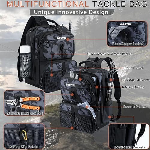 BOGTIM Fishing Backpack with Tackle Boxes & Lures Kit Lightweight 25L Tackle Bag with Fishing Gear and Rod Holder, Fish Gifts for Men Woman-Camo Backpack thumbnail 7