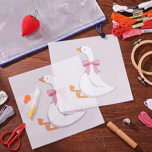 XunYee 23 Pcs Silly Goose 18 Mesh Needlepoint Canvas Kit for Beginners | Adults Starters Hand Painted Canvas Craft Set 2 Pcs Silly Goose Pattern Cloth 7.8 inch Needle Thread Pincushion Scissor thumbnail 4