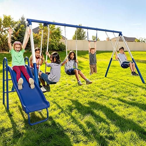 Sportspower Arcadia Metal Swing Set for Kids – Trapeze, 2-Person Glider, 5ft Slide, Anchor Kit, 6.1ft Durable Steel Frame – Outdoor Backyard Playset with 600 lbs Capacity - Image 1