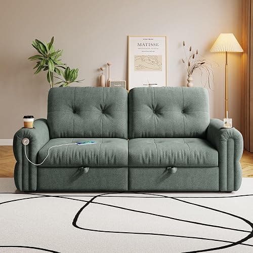 ZHCREAL 77" Queen Size Sofa Bed, Loveseat Sleeper Sofa with Pull Out Bed and USB, 2 Seater Convertible Small Couch for Living Room Bedroom Apartment (Green, Chenille) thumbnail 8