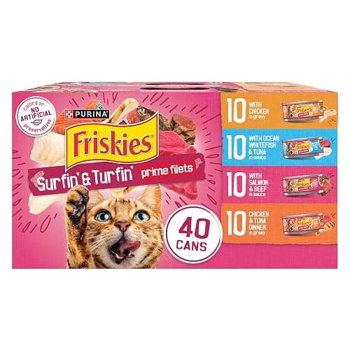 Purina Friskies Prime Filets Cat Food Variety Pack, 40 Pack 5.5 oz Cans | Surfin' and Turfin' wet cat food favorites in a savory gravy, made with real meat, poultry and seafood - Image 1