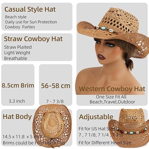 Melesh Straw Cowboy Hat for Women and Men with Shapeable Wide Brim Sun Beach Western Cowgirl Hat thumbnail 5